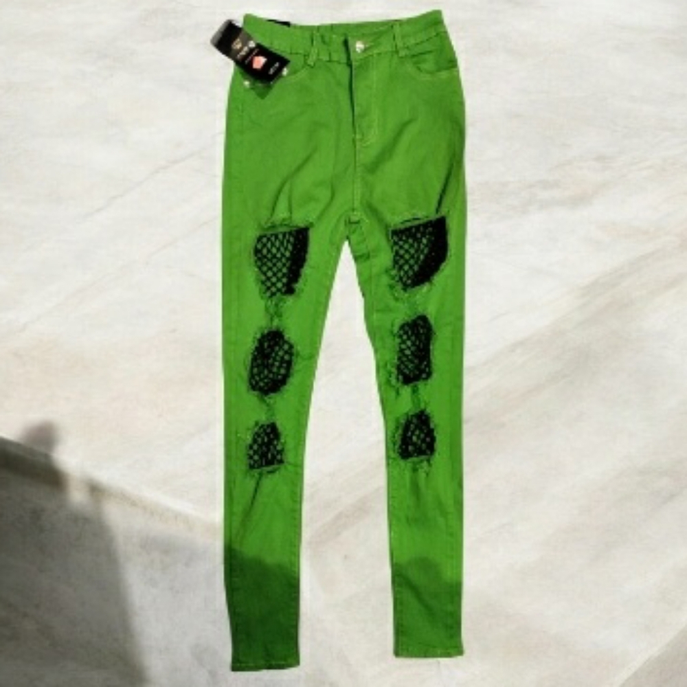 NWT Just Q Bright Green Pants with black mesh accents - Size M